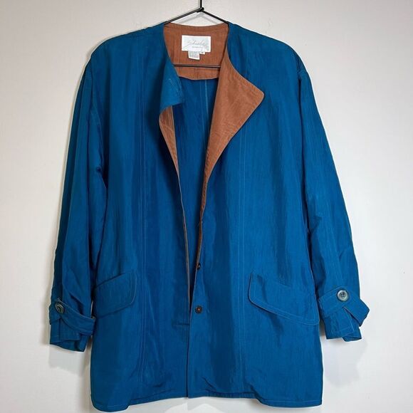 Vintage Schrader Separates 100% Silk Jacket Size 8  Blue Brown Oversized - Picture 3 of 4